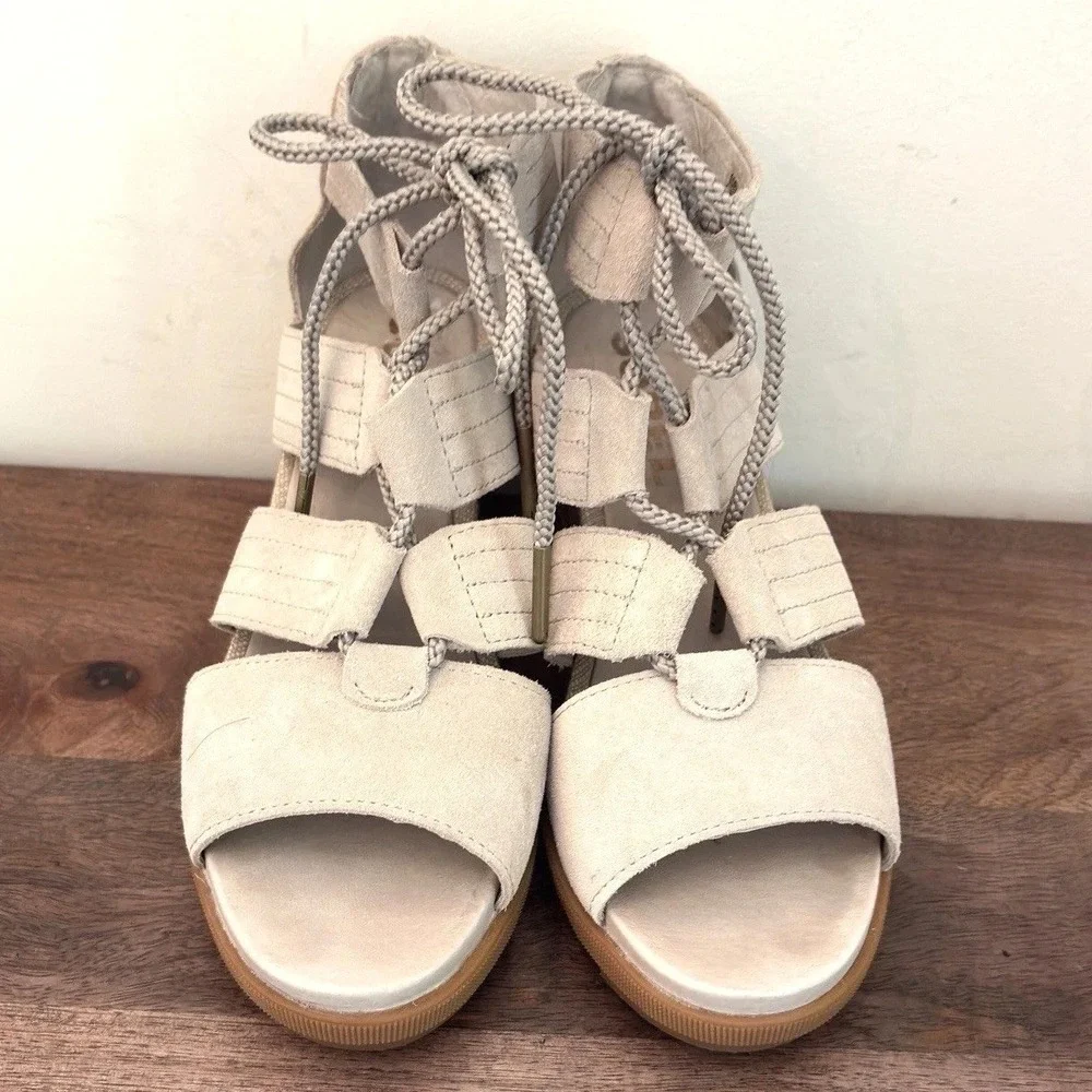 Sorel Wedge Sandals‎ Womens Gladiator Peep Toe Festival Beige Joanie Lace Up 8.5